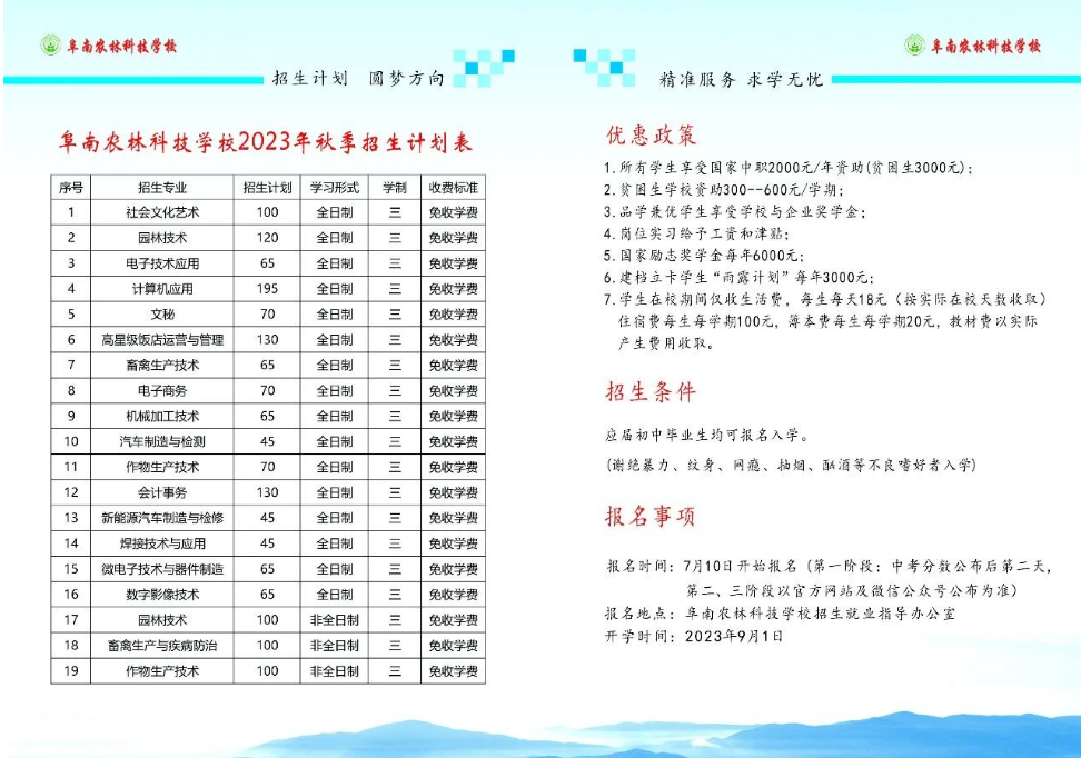 2023年阜南農林科技學校招生計劃表