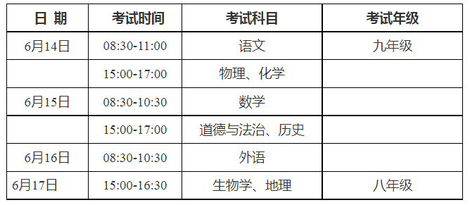 安徽2023年中考各科考試時間