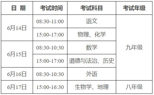 安徽中考考試時間